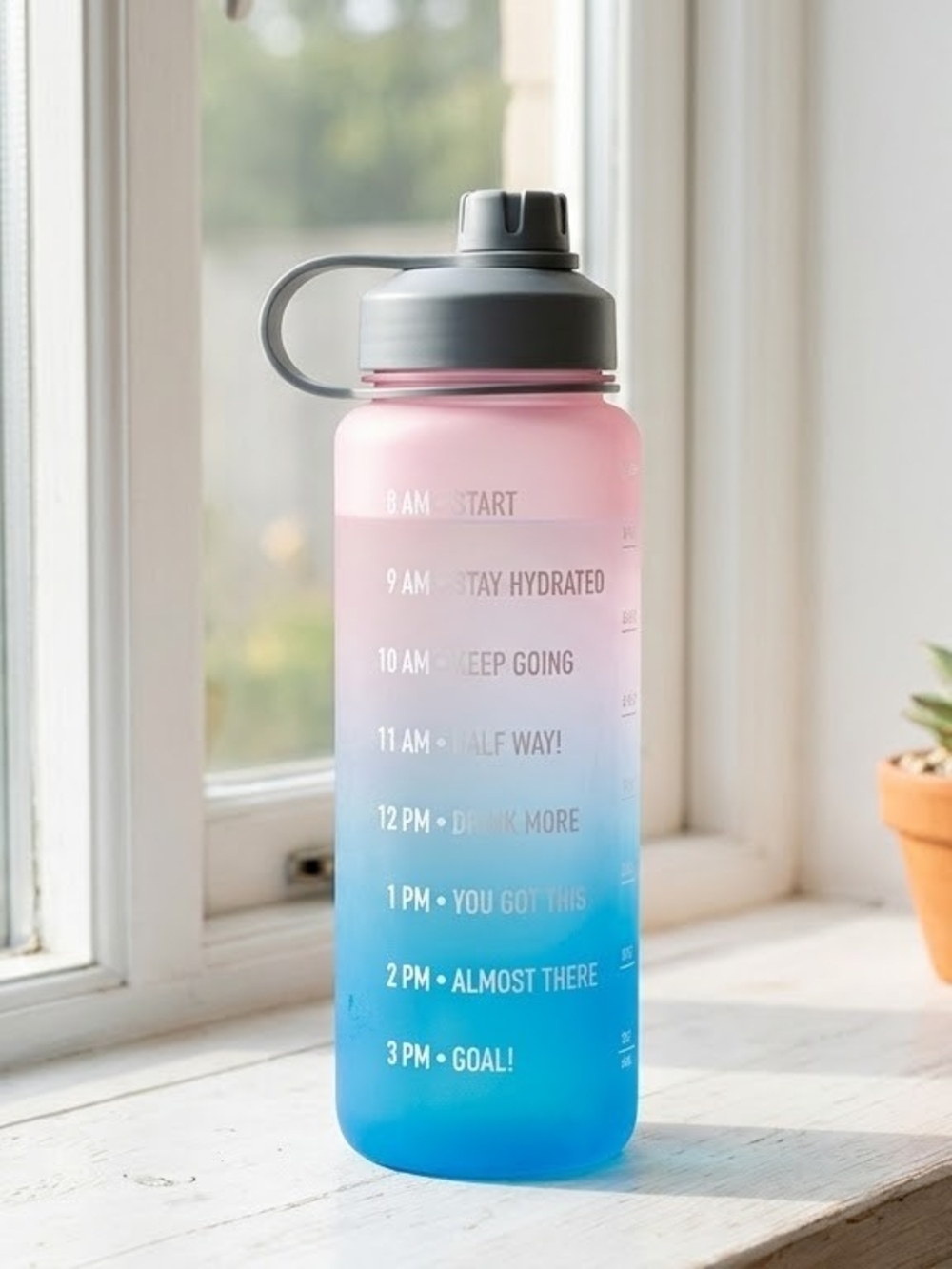 Gradient Pink to Blue Motivational Water Bottle with Gray Cap